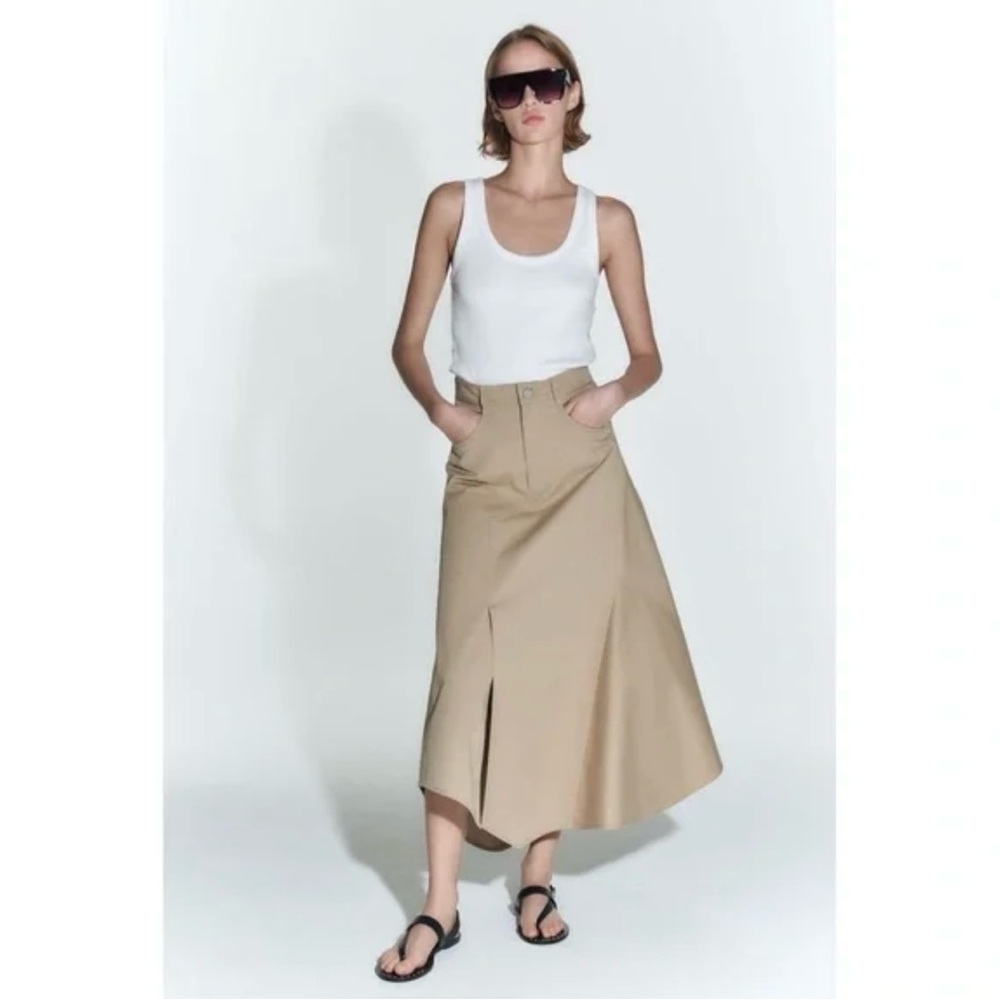ZARA Khaki Gabardine Asymmetrical Skirt